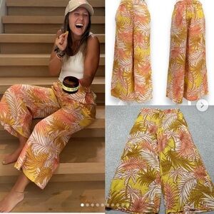 Tahari Boho Luxe Linen Tropical Palm High Rise Wide Leg Crop Pull On Pants Sz XL